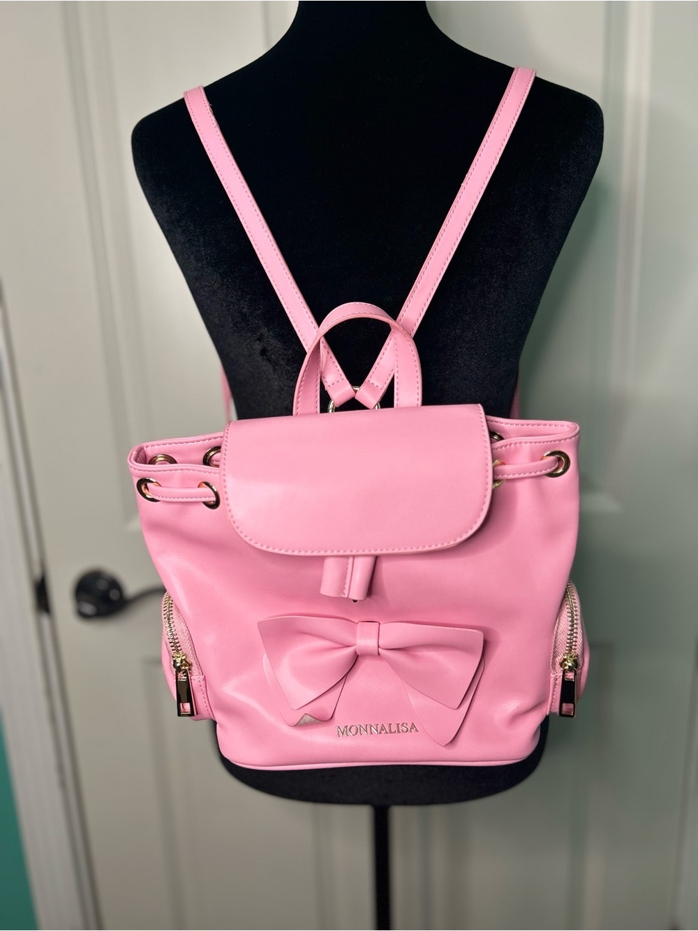 Monnalisa Pink Girls Mini Backpack with Front Bow and Gold Hardware